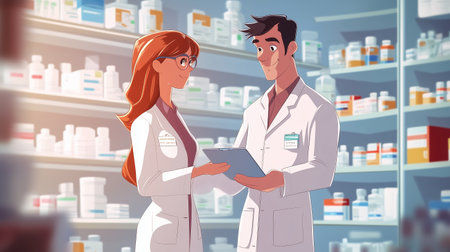 Pharmacists discussing patient care in a well-stocked pharmacy during daylight hoursの素材