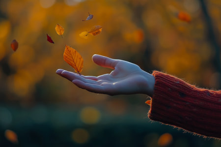 A hand reaches out to catch falling leaves in a beautiful autumn setting during a sunsetの素材