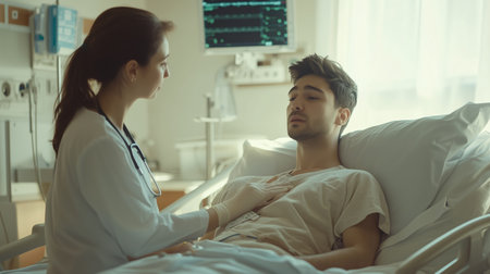 Nurse providing care to a patient in a hospital room during the day, ensuring comfort and attentive supportの素材