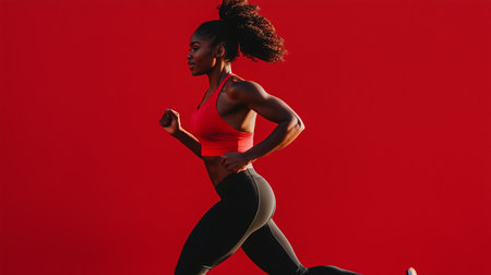 A determined runner in a red sports bra and leggings sprinting against a vibrant red background during daylightの素材