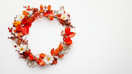 Colorful fall wreath made of red leaves and white flowers hangs against a plain white wall in a well-lit roomの素材