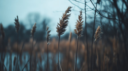 Tall grass sways gently in the breeze near a tranquil water body at dusk during autumn foliage seasonの素材