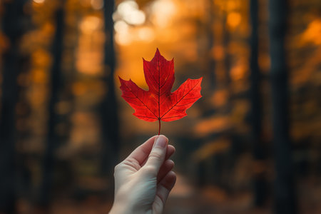 A person holding a vibrant red maple leaf against a backdrop of golden autumn trees in a serene forest settingの素材