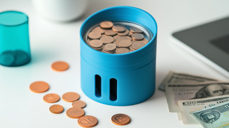 A blue coin bank filled with coins sits on a table next to paper money and scattered coins in a modern indoor settingの素材