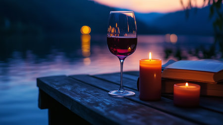 Serene lakeside evening with a glass of red wine, candles, and a book during twilight hoursの素材