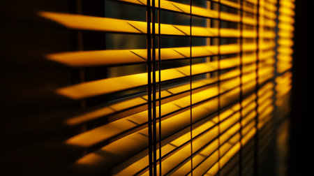 Golden light streaming through blinds, casting shadows in a cozy indoor space at sunsetの素材