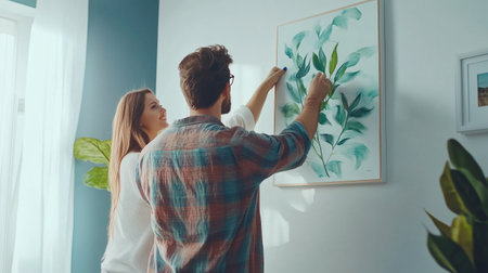 Couple decorating their living room by hanging a leafy artwork on the wall during a sunny afternoon at homeの素材