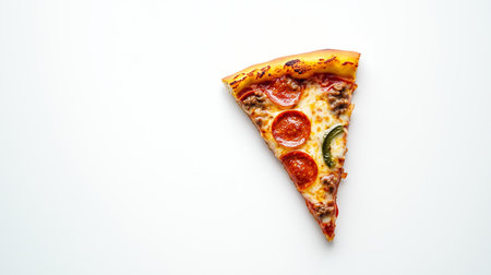 A single slice of pepperoni pizza with bell peppers on a plain white backgroundの素材