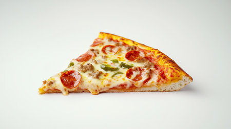 A delicious slice of pizza topped with pepperoni, sausage, and bell peppers on a clean white backgroundの素材