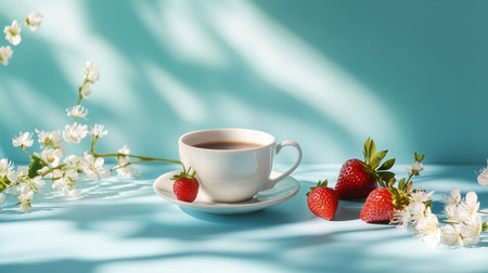 A serene morning setup with a cup of coffee, fresh strawberries, and delicate flowers on a bright blue backgroundの素材