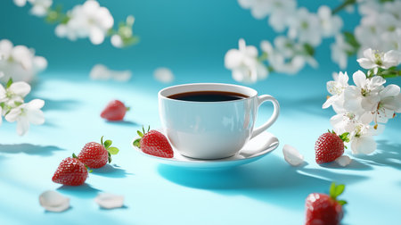 Fresh strawberries and a steaming cup of coffee placed on a vibrant blue surface surrounded by blooming flowersの素材