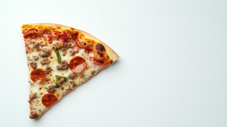 A delicious slice of pepperoni and sausage pizza with green peppers on a clean white backgroundの素材