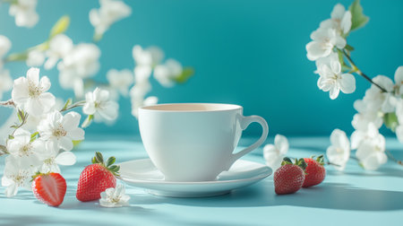A serene setting with a white cup of tea surrounded by fresh strawberries and blooming flowers on a vibrant blue backgroundの素材