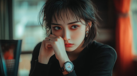 A young woman with short hair poses thoughtfully indoors, showcasing her fashion sense and stylish watch in soft, ambient lightの素材