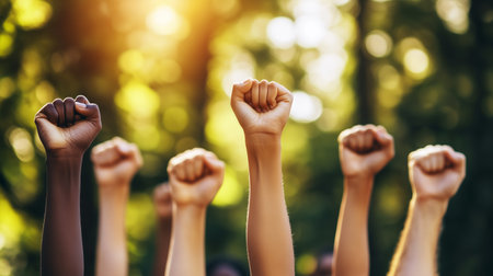 Fists raised in solidarity during a peaceful protest in a lush green park on a sunny dayの素材