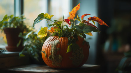 A unique autumn arrangement featuring vibrant foliage growing from a carved pumpkin indoors in soft natural lightの素材