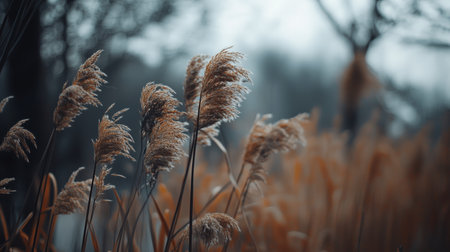 Golden grasses sway gently in a tranquil field under a grey sky during early morning hours in autumnの素材