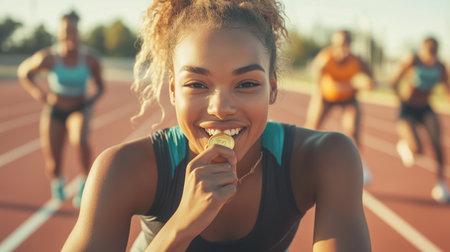 Young athlete celebrates victory with a medal, smiling confidently on a running track surrounded by teammates in the late afternoon sunの素材