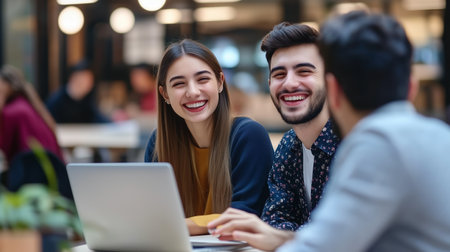Three friends enjoying a cheerful moment while studying together in a modern cafÃ© during the afternoonの素材