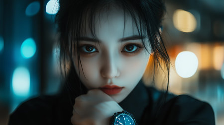 A young woman in a dark setting, gazing intensely with striking makeup and a watch, illuminated by soft, colorful lights in the backgroundの素材