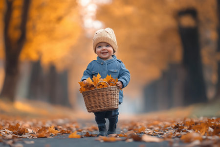 A joyful child walks along a tree-lined path, collecting autumn leaves in a woven basket during a sunny fall dayの素材