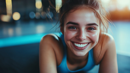 Smiling young woman in workout attire enjoying a gym session, showcasing happiness and motivation during her fitness journeyの素材