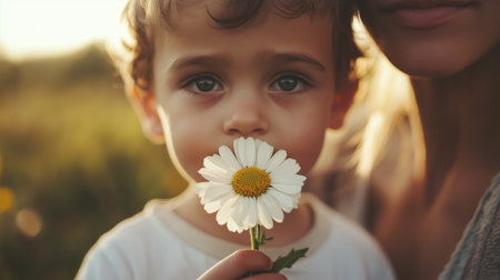 A young child holds a daisy near their mouth while being embraced by an adult in a sunlit field during golden hourの素材