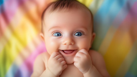 A joyful baby smiles brightly while playing on a colorful blanket during a sunny afternoon in a home settingの素材