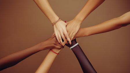 Hands of diverse individuals joining together in unity against a muted backdropの素材