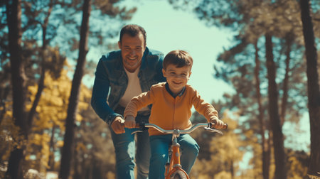 A father enjoys a sunny autumn day biking with his young son in a forested park filled with golden leavesの素材