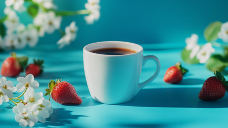A cozy cup of coffee surrounded by fresh strawberries and blooming flowers on a vibrant turquoise backgroundの素材