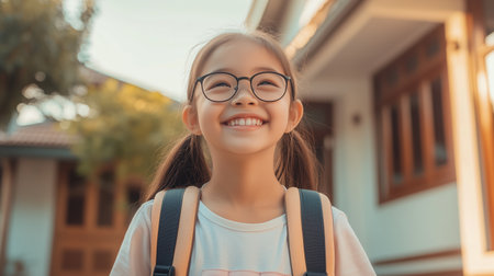Young girl with glasses smiles brightly while standing outside a house in the late afternoon light, showcasing joy and innocenceの素材