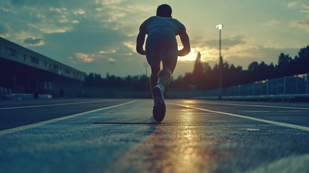 Runner trains at sunset on an empty track surrounded by trees, capturing the energy of evening workoutsの素材