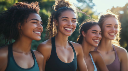 Group of four young women smiling outdoors in activewear during sunny afternoon at a parkの素材
