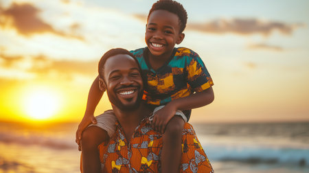 Father and son enjoying sunset on the beach while sharing joyful moments and creating lasting memories togetherの素材