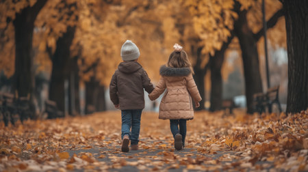 Two children stroll hand in hand along a leaf-strewn path surrounded by autumn trees in a peaceful park on a bright dayの素材