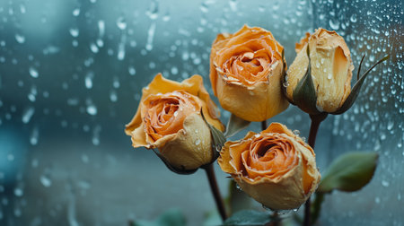 Beautiful yellow roses on display against a rainy window, creating a serene atmosphere on a cloudy dayの素材