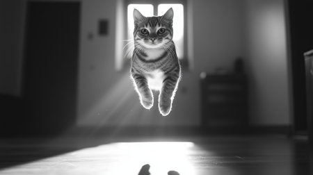 A playful cat leaps through a sunbeam in a cozy indoor space during the afternoon lightingの素材