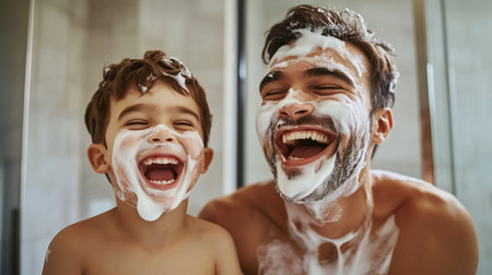 A father and son share joyful moments while applying face masks in a bright bathroom, enjoying their playful skincare routine togetherの素材