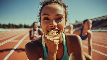 Athletic woman celebrating victory with a gold medal on a track field during a sunny day with fellow competitors behind herの素材