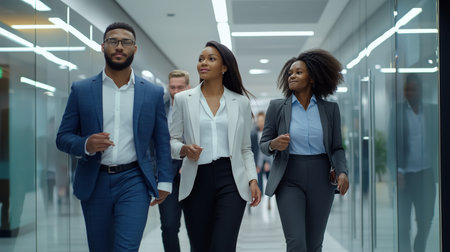 Professionals walking confidently through a modern office corridor in a bustling city during daylight hoursの素材
