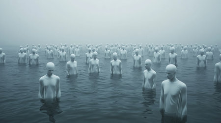 A surreal gathering of white figures standing in calm water during a foggy morning at a remote shorelineの素材