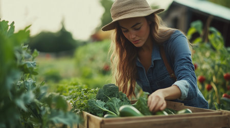 A young woman harvesting fresh vegetables in a vibrant community garden during late afternoon in summerの素材