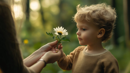A young child admires a hand-picked flower while spending a peaceful moment in a sunlit forest during springtimeの素材