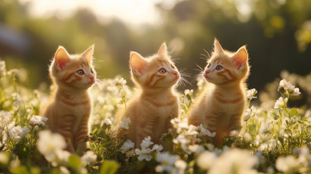 Three playful kittens explore a field of flowers during golden hour in serene outdoor settingの素材