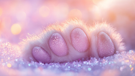 A close-up view of a fluffy paw resting on sparkling, frost-covered ground in a winter setting during the early morning lightの素材