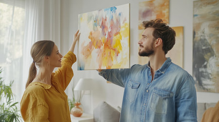 Couple admiring colorful abstract art in a bright living room during daylight hoursの素材