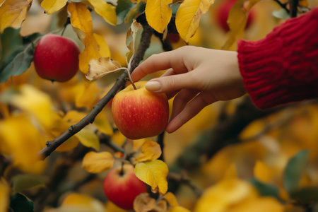 A person picks a ripe apple from a vibrant tree during fall with colorful leaves in a sunny orchardの素材