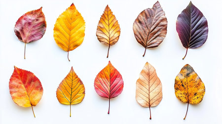 Colorful array of autumn leaves arranged in rows on a white surface showcasing natures diversity and seasonal changeの素材