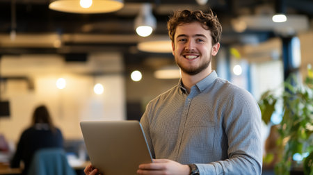 Young man smiling and working on a laptop in a modern office during daylight hoursの素材
